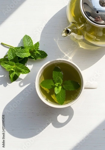 Obraz Overhead view of green mint tea served in cups with fresh leaves and teapot on white wooden table, healthy antioxidant beverage, refreshing and warming drink for relaxation and wellness