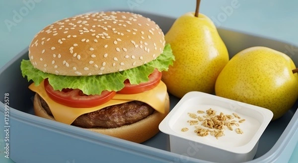 Obraz Healthy lunch box with homemade burgers, fresh pears, and creamy yogurt, balanced meal option with nutritious ingredients, convenient food packed for school, work, or outdoor lifestyle