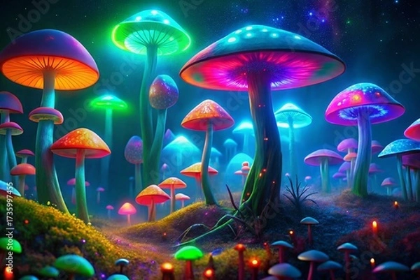 Fototapeta A surreal fantasy landscape glowing with vibrant, bioluminescent mushrooms of various colors and sizes, illuminating a mystical terrain under a starry, nebula-filled night sky.