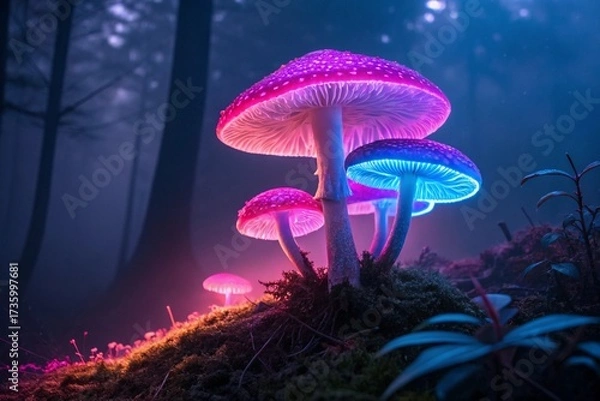 Fototapeta A surreal fantasy landscape glowing with vibrant, bioluminescent mushrooms of various colors and sizes, illuminating a mystical terrain under a starry, nebula-filled night sky.
