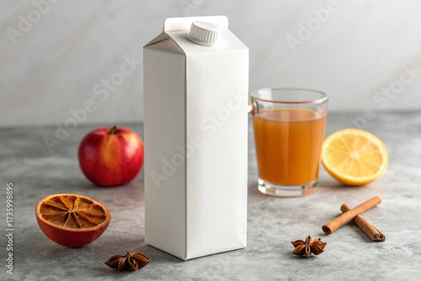 Fototapeta Blank Juice or Milk Carton Mockup with Autumn Spices and Fruit