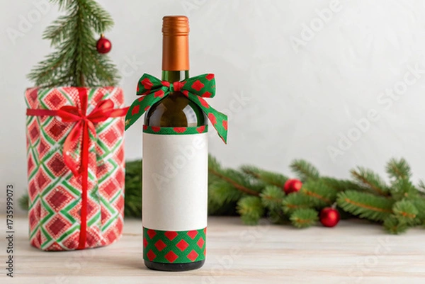 Fototapeta Wine Bottle Mockup with Festive Red and Green Diamond Pattern