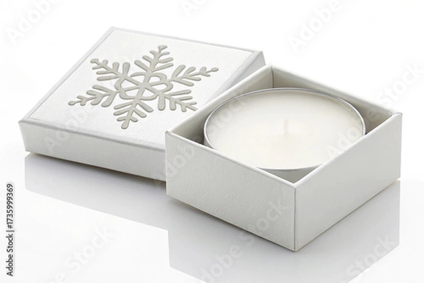Fototapeta Small White Square Gift Box with Open Candle and Snowflake Embossing