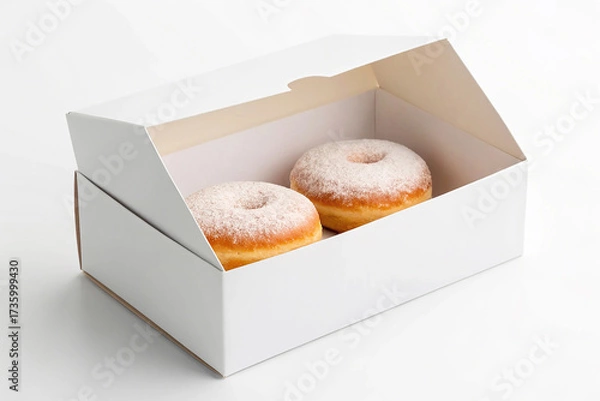 Fototapeta Open White Donut Box Mockup with Two Powdered Sugar Donuts. Bakery Packaging Template.