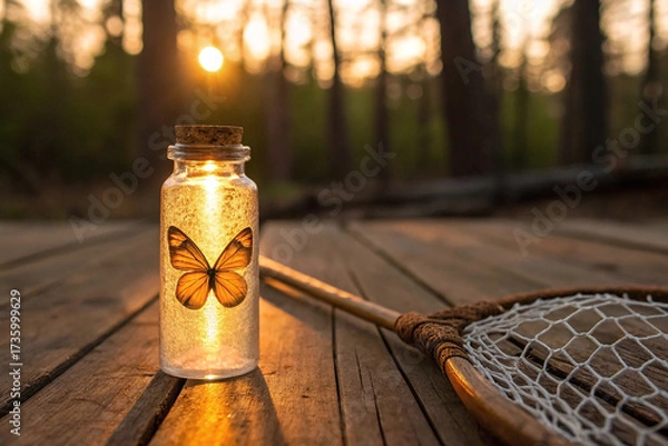 Fototapeta Golden Butterfly Glowing Inside a Jar at Sunset. Nature, Magic, and Imagination Concept