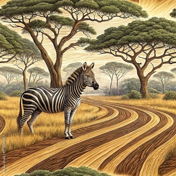 Fototapeta Zebra standing on winding golden striped path in African savanna landscape with acacia trees, creating artistic surreal scene with natural wildlife