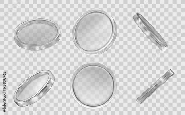 Fototapeta 3D set glass transparent coins with different angles. Design elements. Stock vector illustration on isolated background.	
