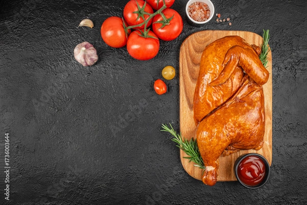 Fototapeta Juicy smoked whole chicken served on a wooden board with fresh rosemary, garlic, tomatoes, pink salt and ketchup, rustic traditional meat dish on dark stone background with copy space