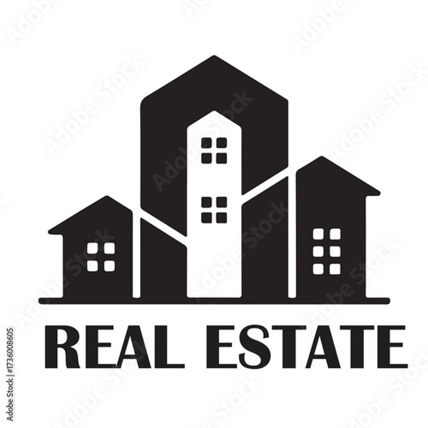 Fototapeta Black and white graphic logo representing real estate with buildings and text technology background