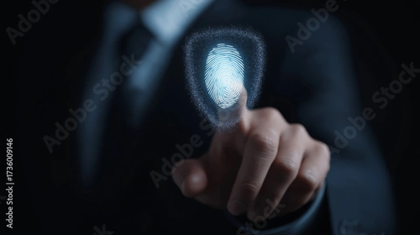 Fototapeta Businessman Using Digital Fingerprint Scan for Secure Access, Corporate Identity Verification and Business Data Protection in Modern Cybersecurity Strategy