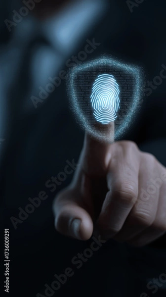 Fototapeta Businessman Using Digital Fingerprint Scan for Secure Access, Corporate Identity Verification and Business Data Protection in Modern Cybersecurity Strategy, Vertical