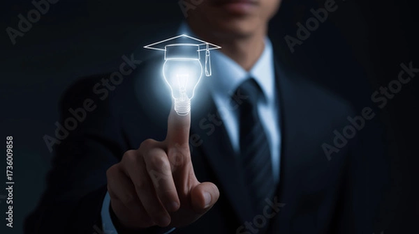 Fototapeta Businessman Touching Digital Lightbulb With Graduation Cap Symbolizing Career Growth, Professional Training and Corporate Education for Success