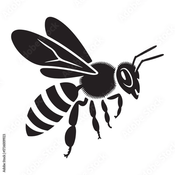 Fototapeta Black silhouette of a bee flying, isolated on white background technology background
