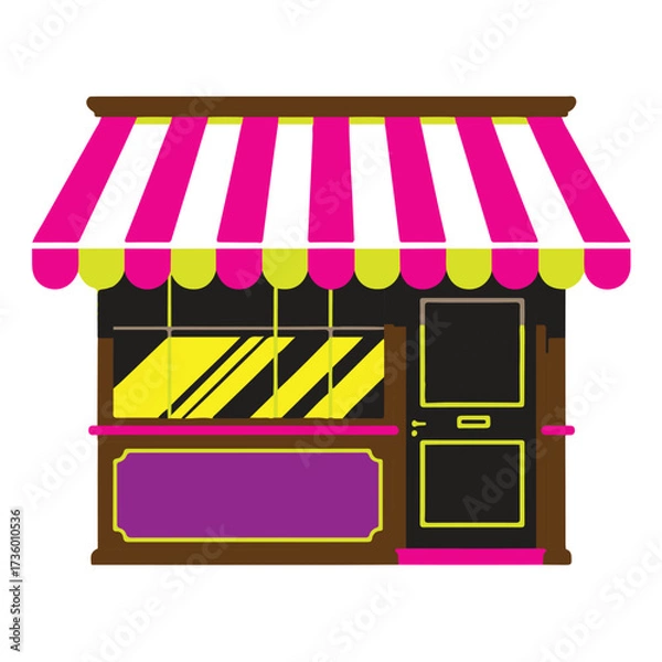 Fototapeta Cartoon storefront with striped awning and display window isolated on white background technology background
