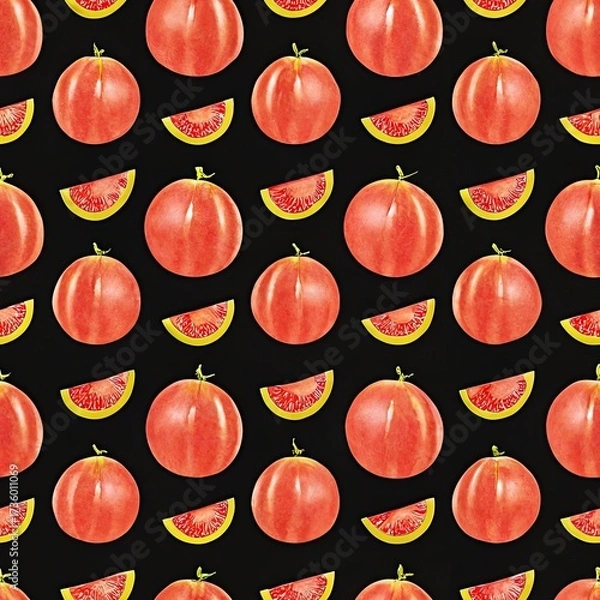 Fototapeta Seamless pattern with ripe peaches and citrus slices on black background, featuring fresh fruit illustration in vibrant coral and yellow colors