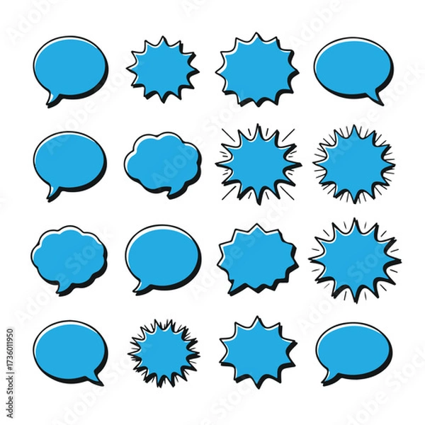 Fototapeta Collection of blue speech bubble icons with different shapes and styles, isolated on a white background technology background