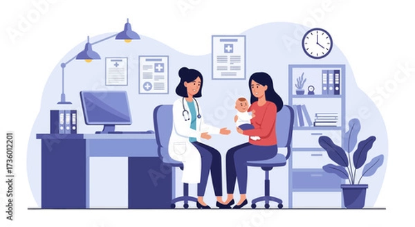 Fototapeta Doctor Consulting a Mother Holding Her Baby During a Pediatric Checkup in a Modern Medical Clinic Examination Room