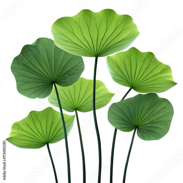 Fototapeta A cluster of vibrant green lotus leaves on thin dark stems isolated on transparent background