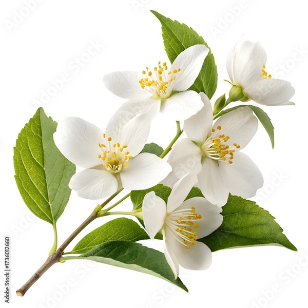 Fototapeta Delicate white jasmine flowers with green leaves isolated on transparent background
