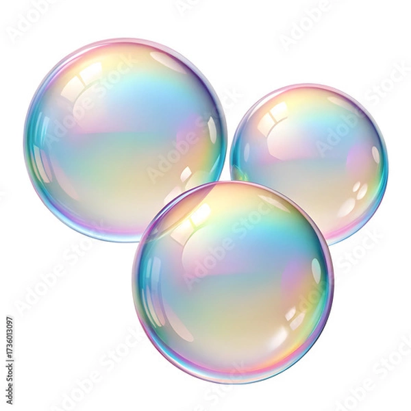 Fototapeta Three iridescent soap bubbles with rainbow reflections floating together isolated on transparent background