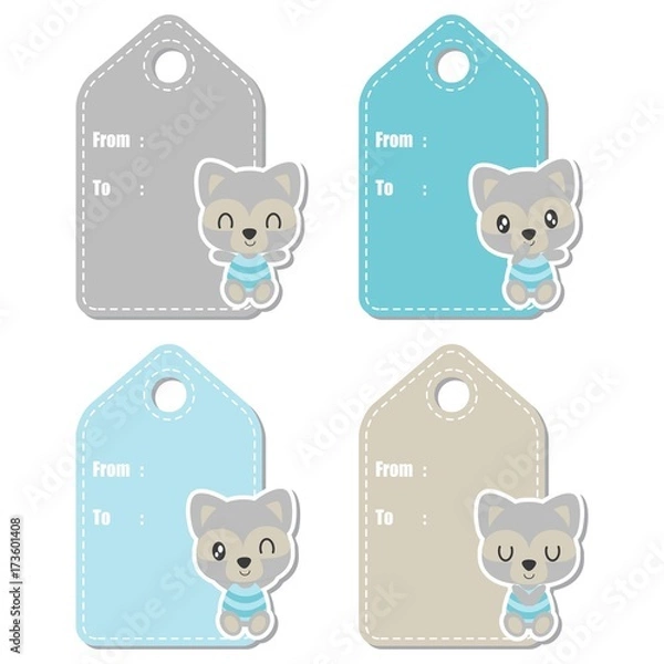 Fototapeta Cute raccoon boy vector cartoon illustration for baby shower gift tag design, label tag and sticker set design