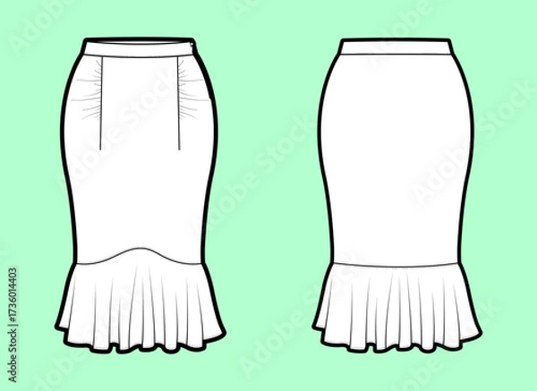 Fototapeta Shaped Yoke Pencil Skirt with Darts and Gathered Flounce Hem Technical Flat Sketch