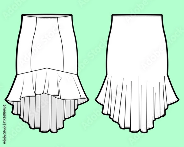 Fototapeta Paneled Hi-Low Hem Skirt with Mermaid Silhouette and Gathered Flounce Technical Flat Sketch