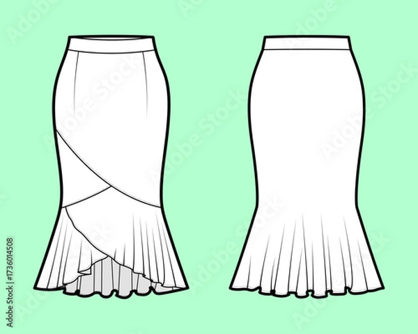 Fototapeta Overlap Panel Pencil Skirt with Asymmetrical Ruffled Flounce Hem Technical Flat Sketch