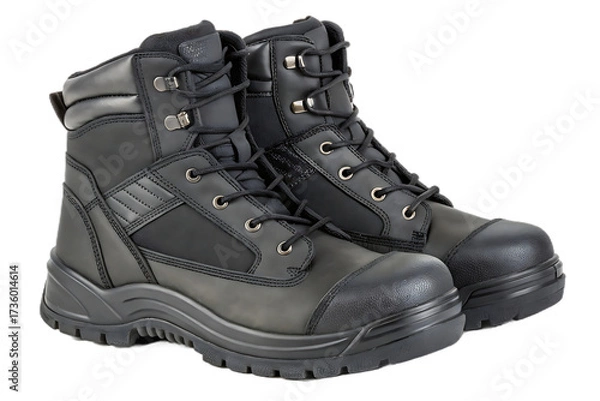 Obraz Pair of black safety work boots on transparent background