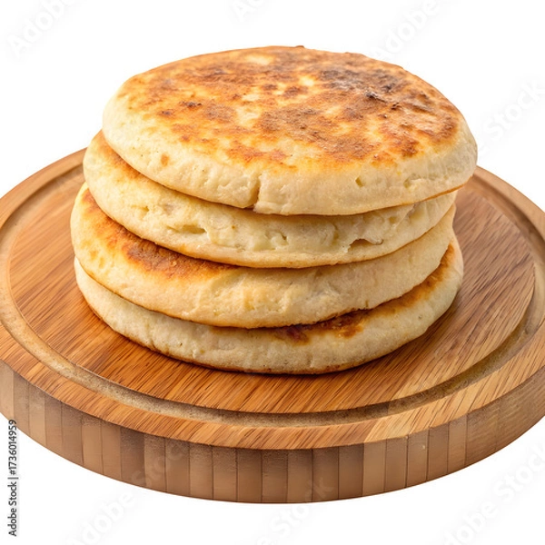 Fototapeta Stack of golden brown fluffy pancakes served on a rustic wooden board isolated on transparent background