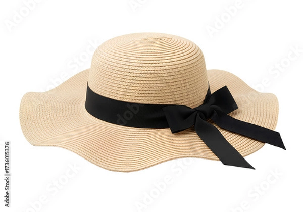 Fototapeta Straw Sun Hat with Black Ribbon Bow on Transparent Background