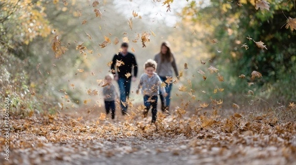 Obraz Family of four walking through a forest during autumn. the ground is covered in fallen leaves, and the leaves are flying in the air. the family consists of a man, a woman, and two children.