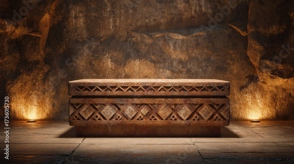 Obraz Ancient ornate wooden chest on a stone floor with fire light