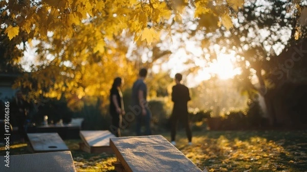 Obraz Group of people walking in a park during autumn. the sun is shining through the trees, creating a warm glow that illuminates the scene.