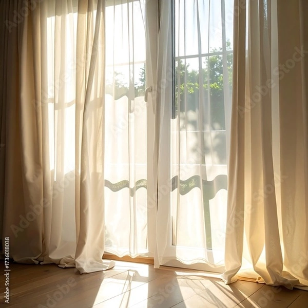 Fototapeta Sunlight streaming through sheer curtains (1)