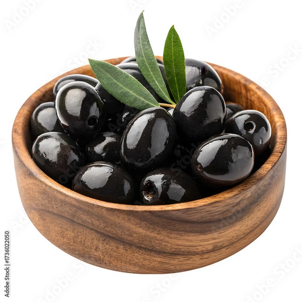 Fototapeta A wooden bowl filled with ripe black olives and fresh green olive leaves isolated on transparent background