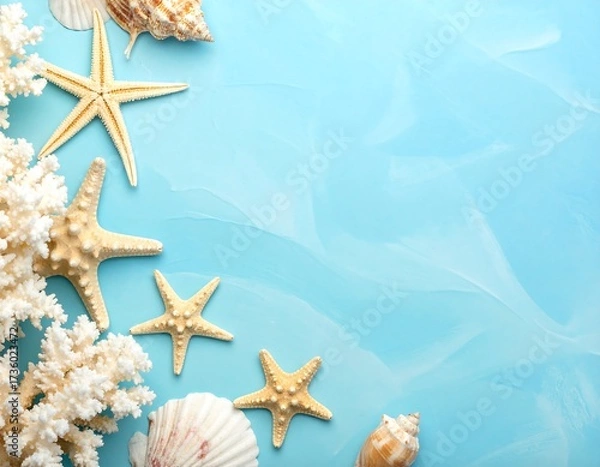 Obraz Seashells and starfish on a light blue background (1)