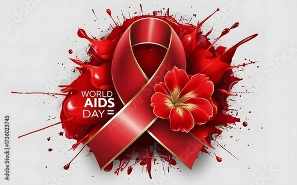Fototapeta red aids awareness ribbon symbol world aids day poster with glossy ribbon and red hibiscus flower splash background, high resolution conceptual design for hiv prevention and charity campaigns
