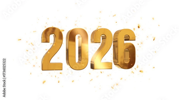 Fototapeta happy new year golden 3d 2026 text with gold confetti and stars on transparent background,png winter holiday celebration isolated design element