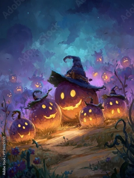 Obraz Magical Pumpkin Family with Witch Hats on a Glowing Path – Halloween Fantasy Illustration