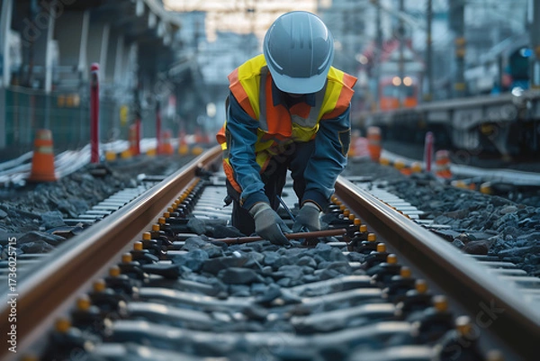 Fototapeta 線路上で工具を使い点検作業を行う鉄道作業員の姿