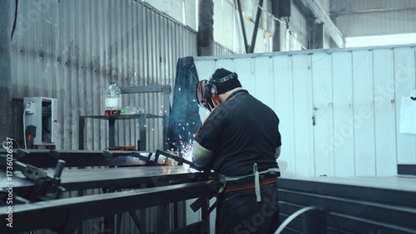 Fototapeta Welder in protective gear sparks welding on a steel workbench, showcasing skilled metalwork, focused craftsmanship and industrial manufacturing in a busy factory setting