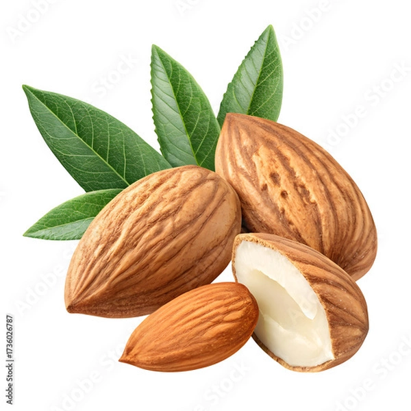 Fototapeta A cluster of whole and halved almonds with green leaves isolated on transparent background