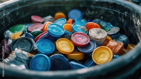 Fototapeta Close-up of colorful plastic caps inside a deep black recycling bin, symbolizing sustainability