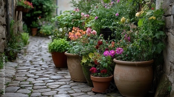 Fototapeta Clustered pots of vivid florals on a cobblestone path in full sunlight
