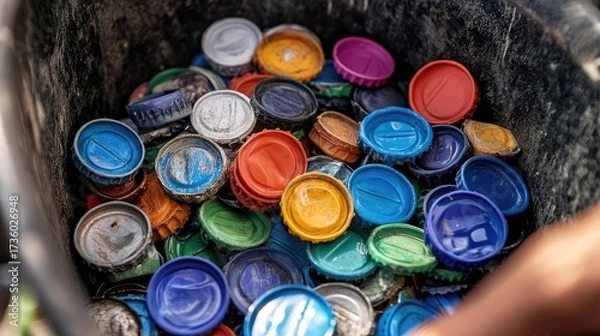 Fototapeta Colorful bottle caps stacked in a shadowy recycling container, showing separation for reuse