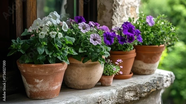 Fototapeta Colorful petunias and geraniums in terracotta pots on a windowsill