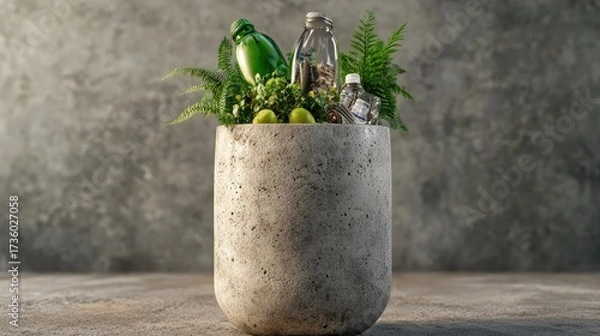Fototapeta Concrete bin filled with sorted recyclable materials, placed against a neutral background