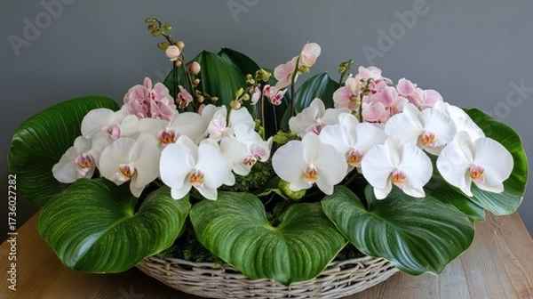 Fototapeta Delicate white and pink orchids in a wicker basket with large glossy leaves