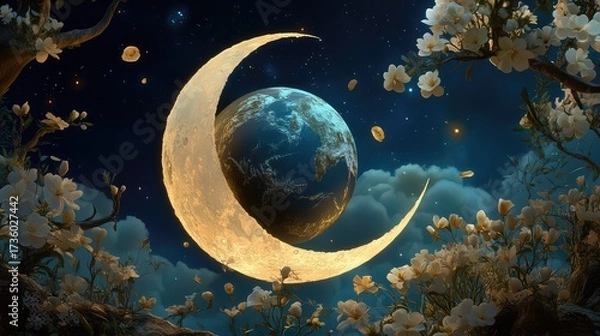 Fototapeta Earth resting within a moon crescent, encircled by delicate flowers in soft spring colors, floating in a starry sky